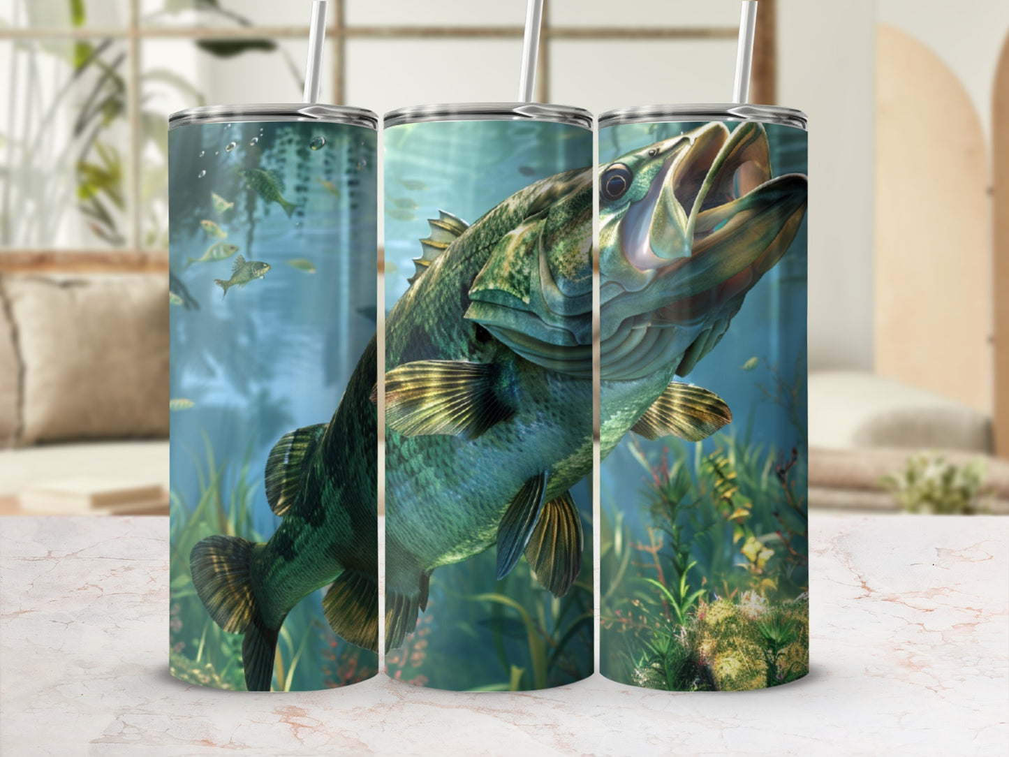 Large bass fish jumping out of water with aquatic plants and smaller fish.