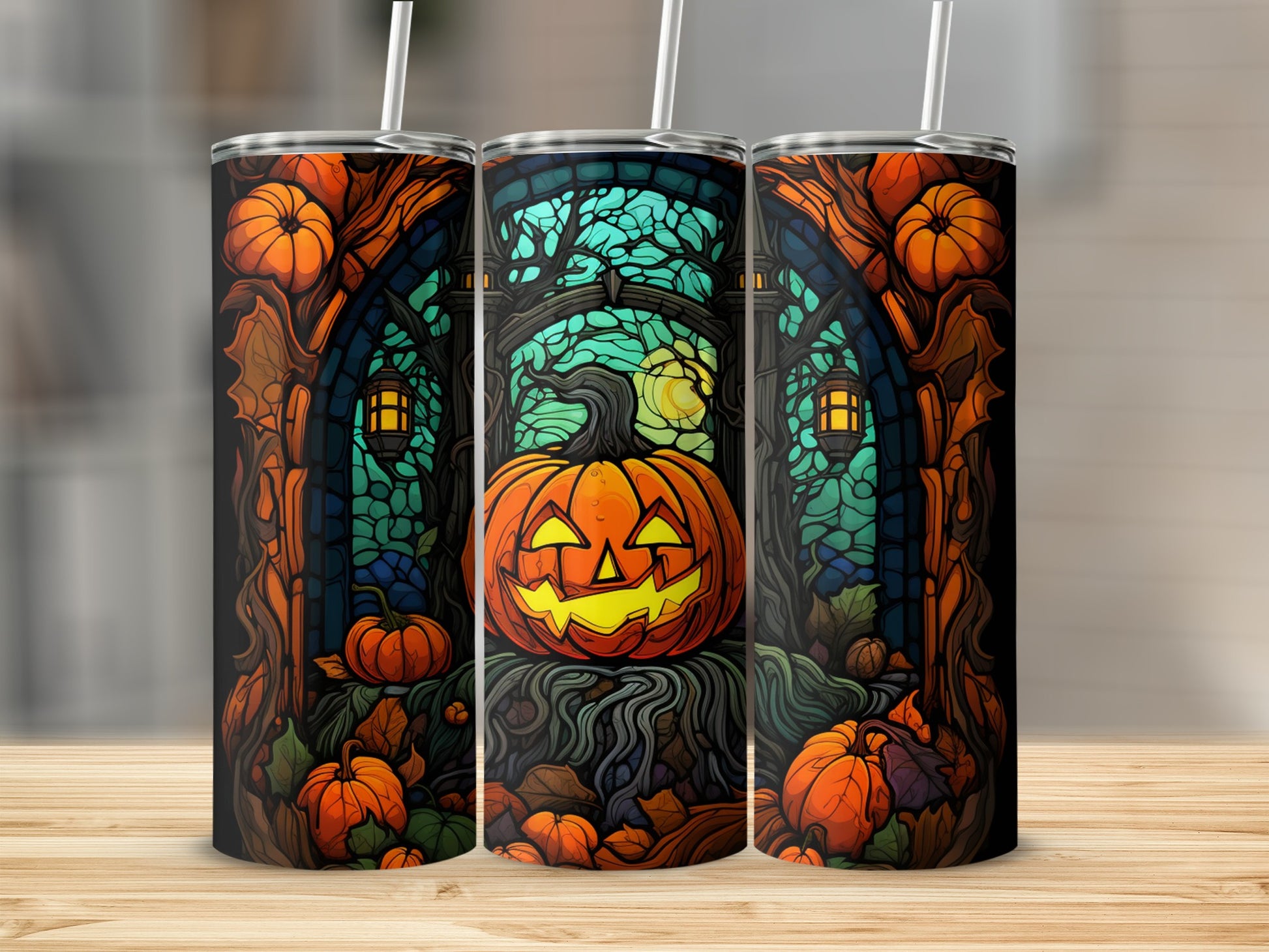 Halloween tumbler with carved jack-o'-lantern, pumpkins, and spooky trees.