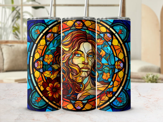 Three tumblers featuring a stained glass portrait of a woman with flowing hair.