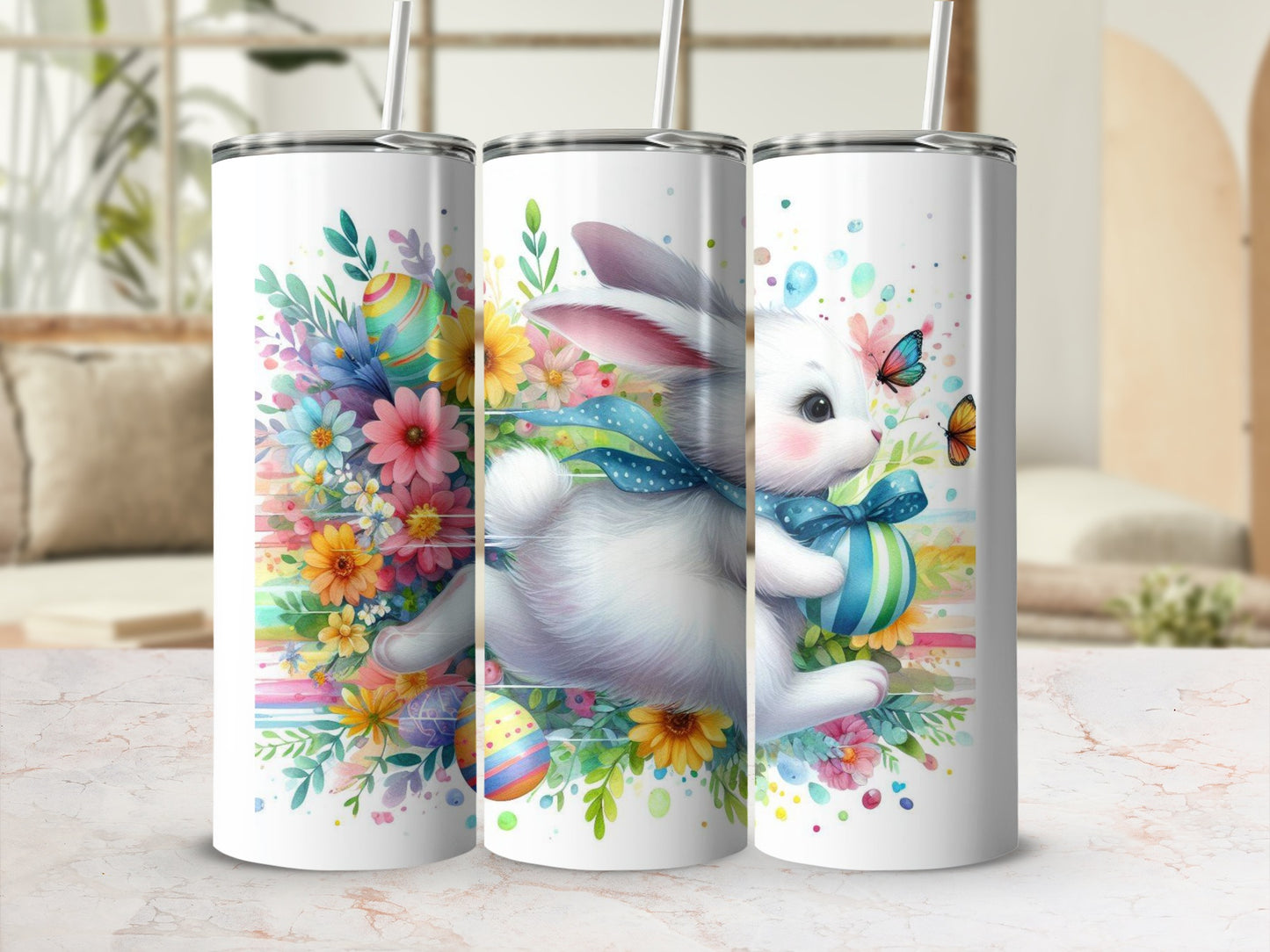 Easter bunny with colorful eggs and flowers, watercolor art on a tumbler.