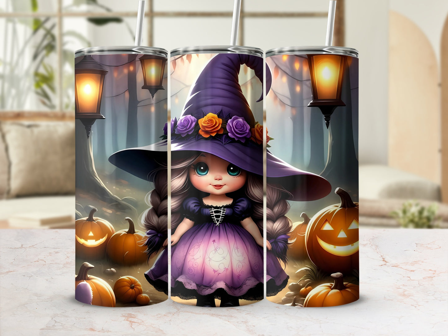Halloween tumbler with cartoon witch and jack-o'-lanterns.