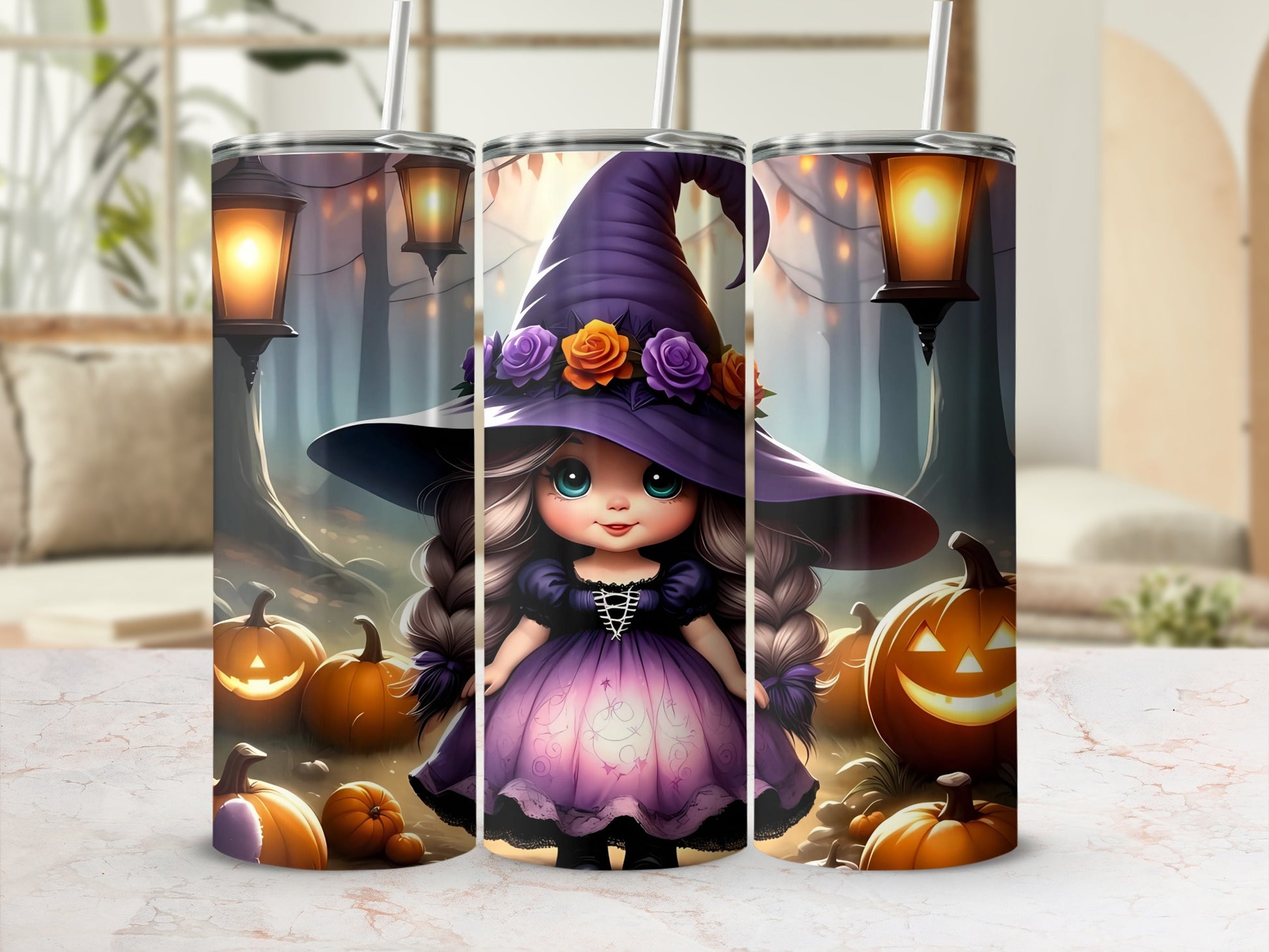 Halloween tumbler with cartoon witch and jack-o'-lanterns.