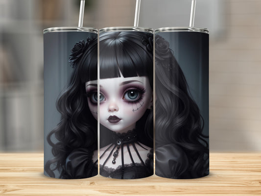 Gothic doll design on three tumblers with straws.
