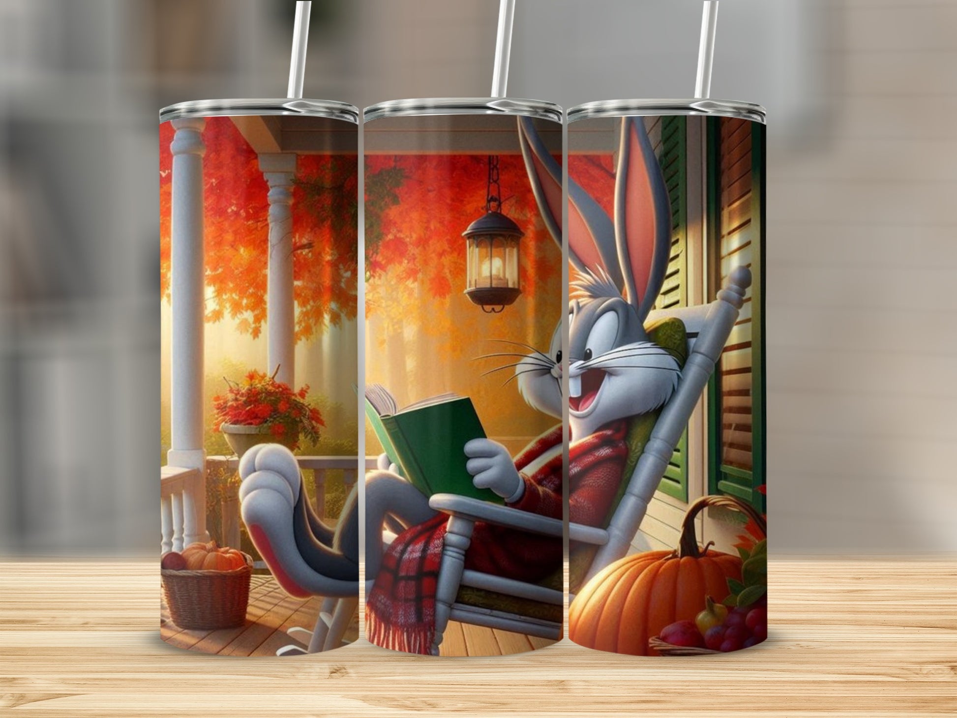Cozy Autumn Bunny Reading on Porch Tumbler Cup