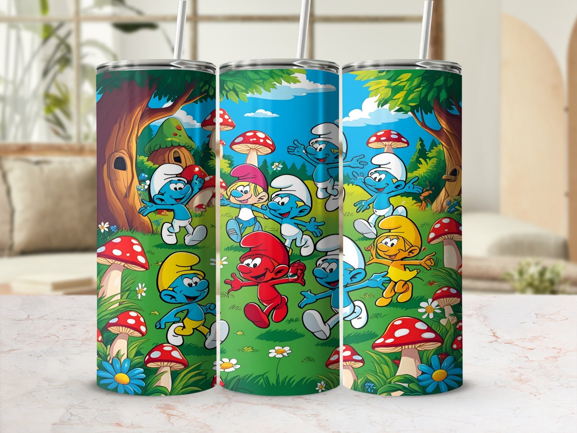 Smurfs characters in a forest clearing with mushrooms and flowers.