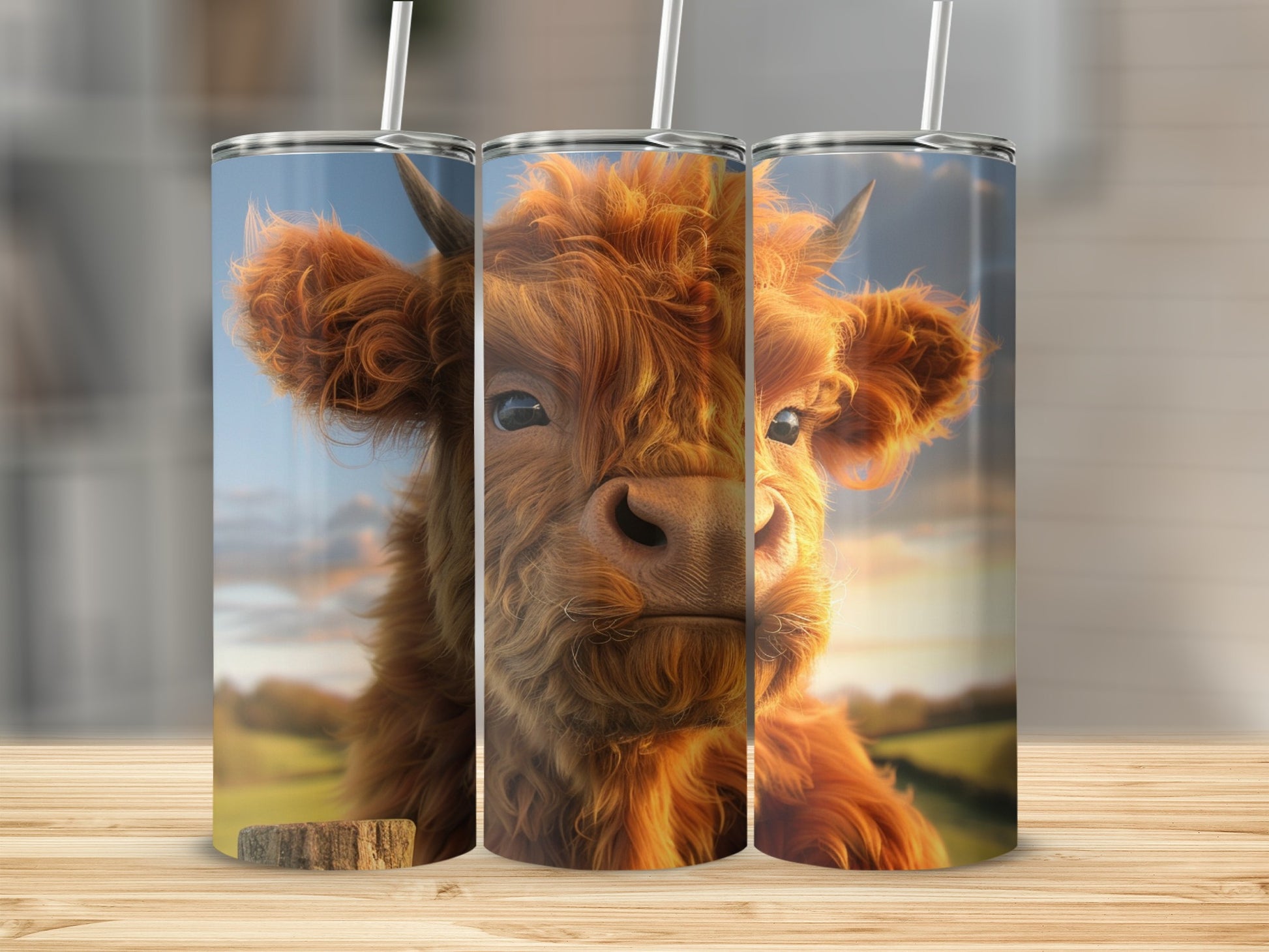 Highland cow illustration on a tumbler with straw, set against a blurred grassy field.