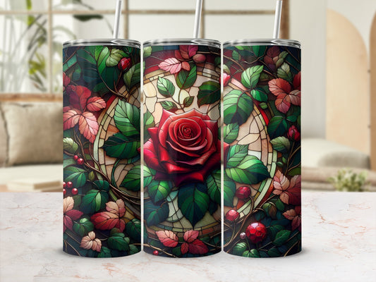 Stained glass tumbler with red rose and green leaves design.