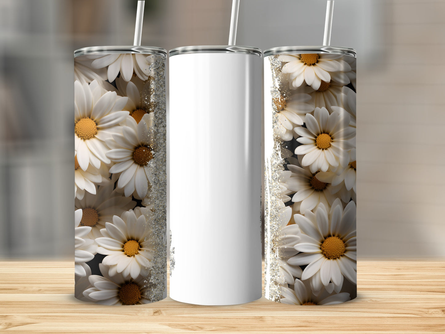 Three tumblers with a daisy floral pattern and glitter accents.