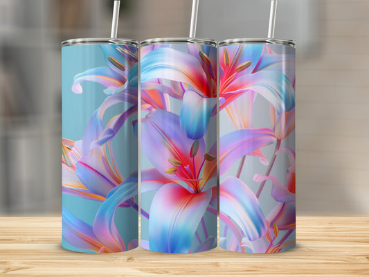 Three tall tumblers with a vibrant floral lily design.
