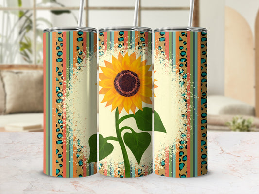 Sunflower tumbler with leopard print and striped borders.