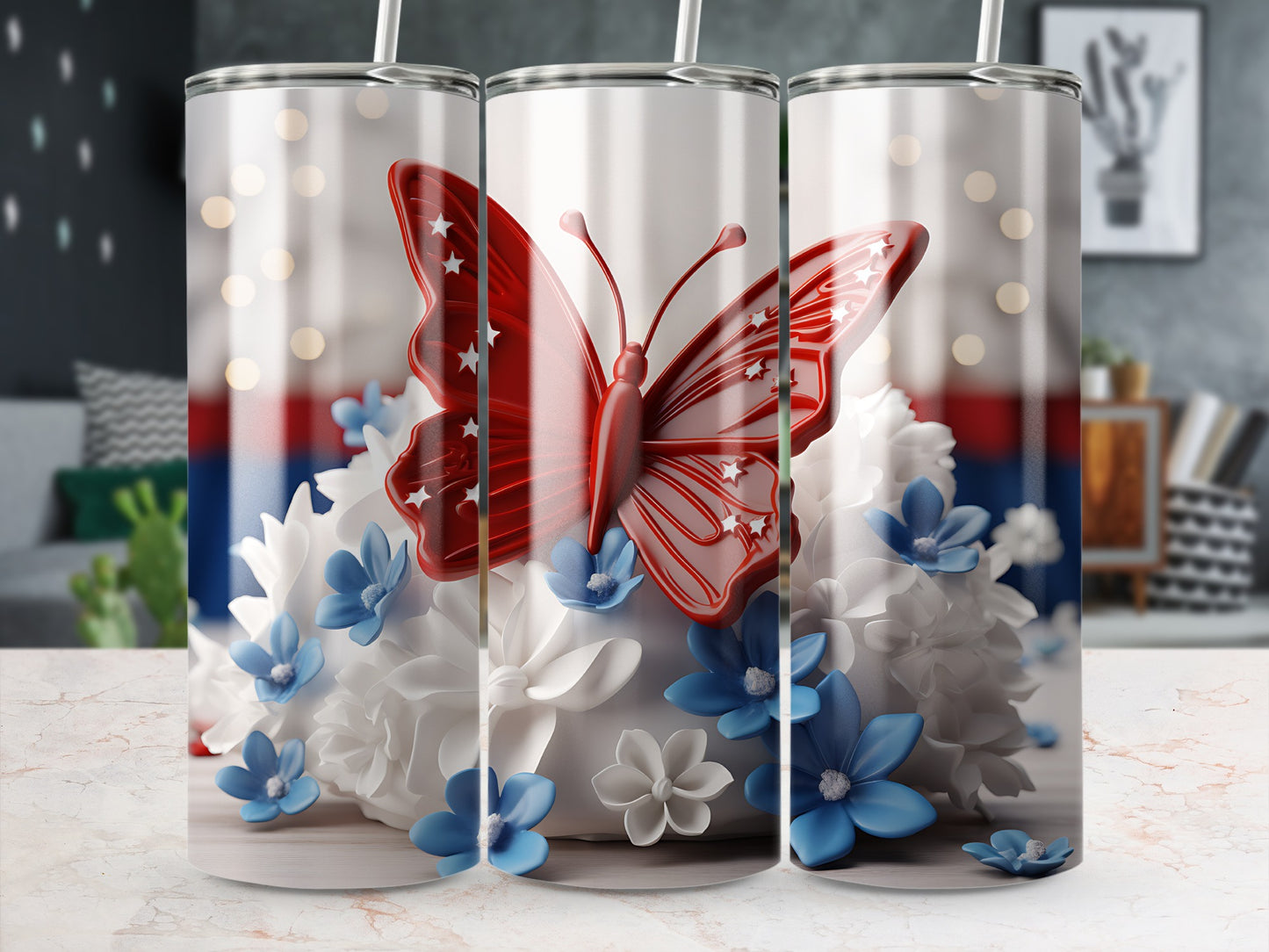 Red butterfly with white stars on white floral arrangement, across three tumblers.