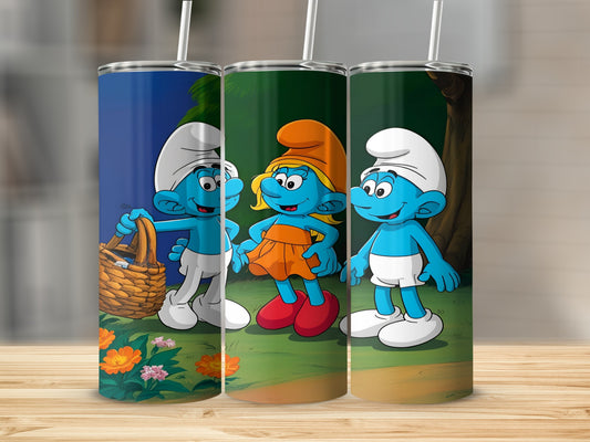Three Smurfs, one with a basket, stand on a grassy path.