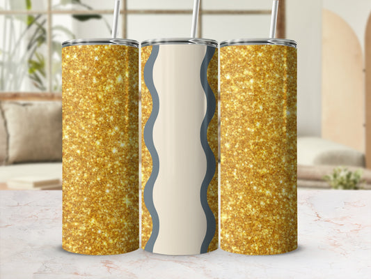 Three glittery tumblers with wavy design in the center.