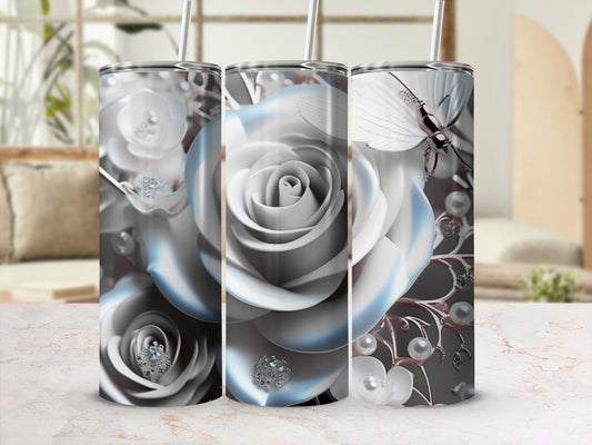 Three silver tumblers with white roses and butterflies.