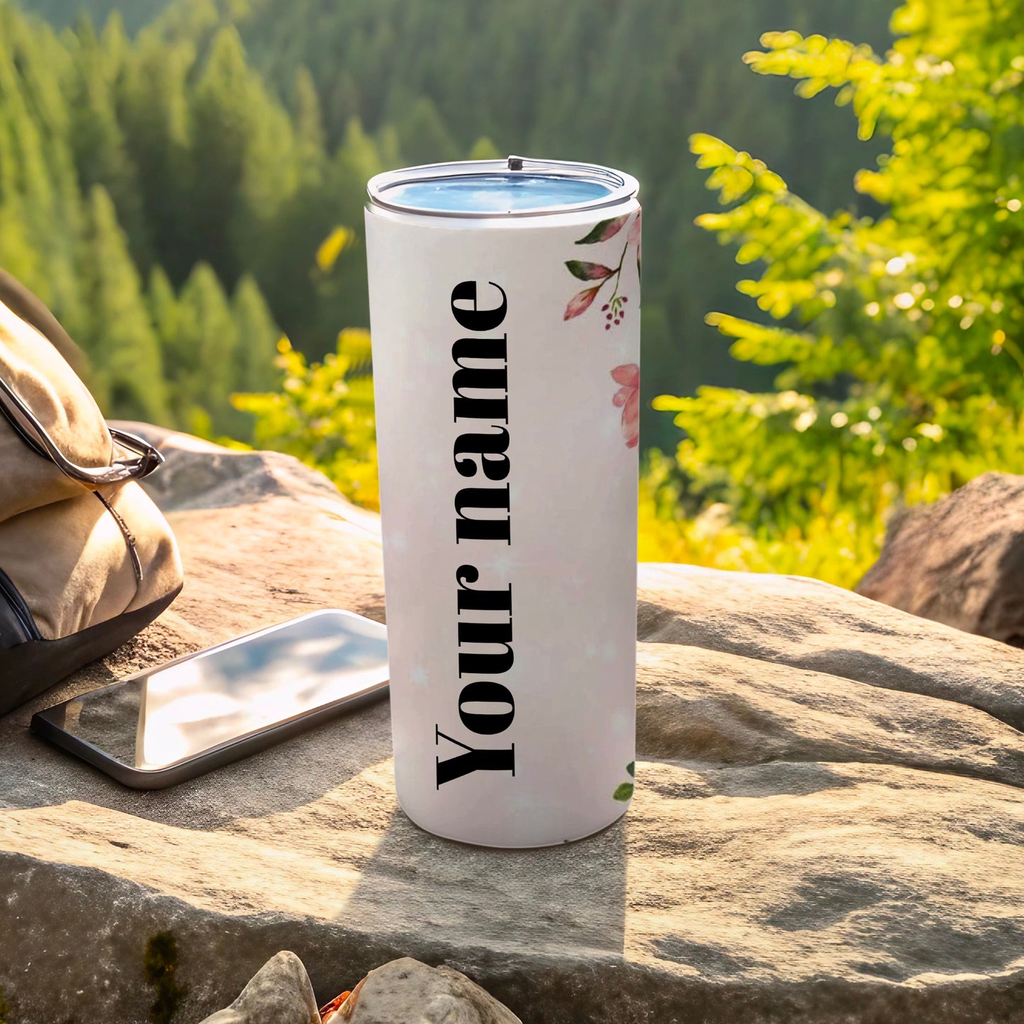 Personalized Tall Tumbler with Floral Accents Travel Mug