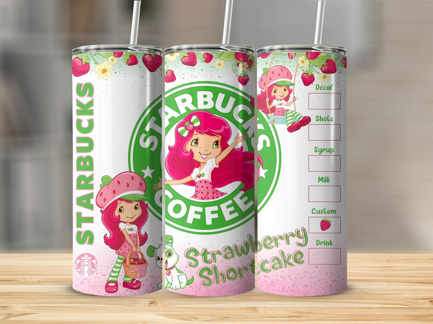 Starbucks Strawberry Shortcake tumbler with cute cartoon characters and drink details.