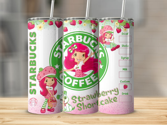 Starbucks Strawberry Shortcake tumbler with cute cartoon characters and drink details.