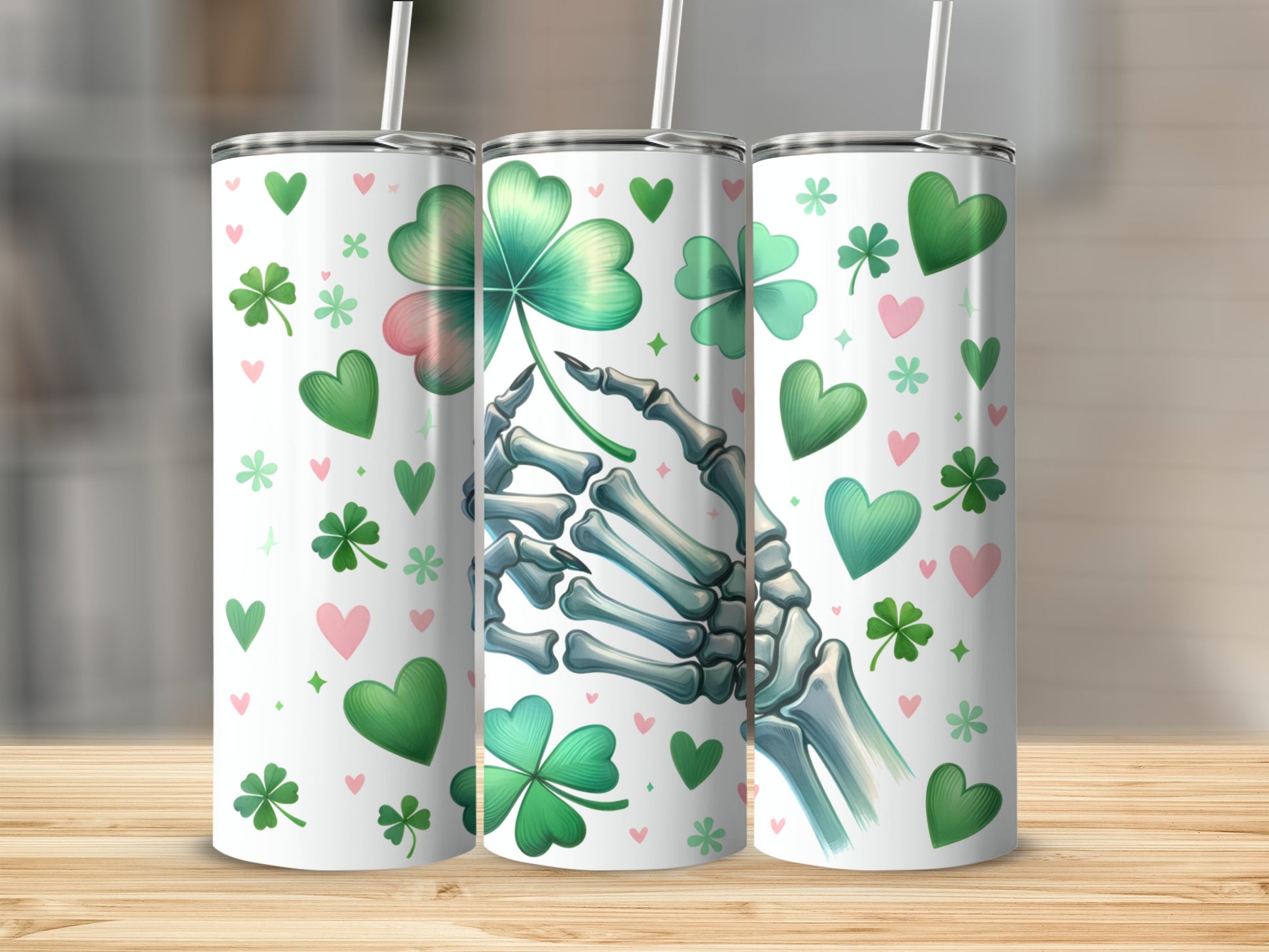 Skeleton hand holding a shamrock surrounded by hearts and shamrocks.