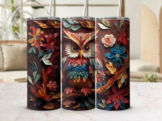 Tapered tumbler featuring a colorful owl on a branch with floral accents.