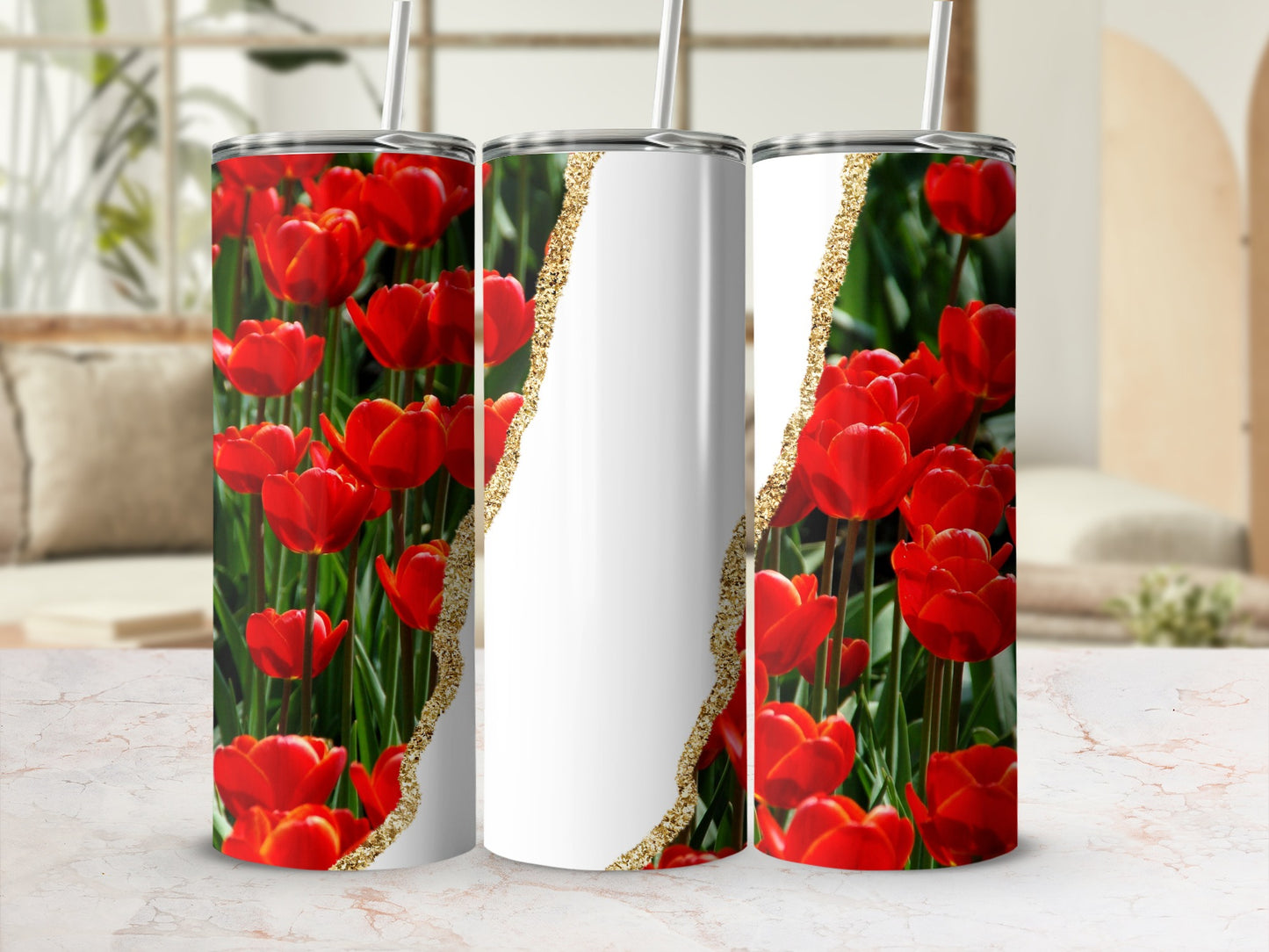 Three tumblers featuring bright red tulips and gold glitter detail.