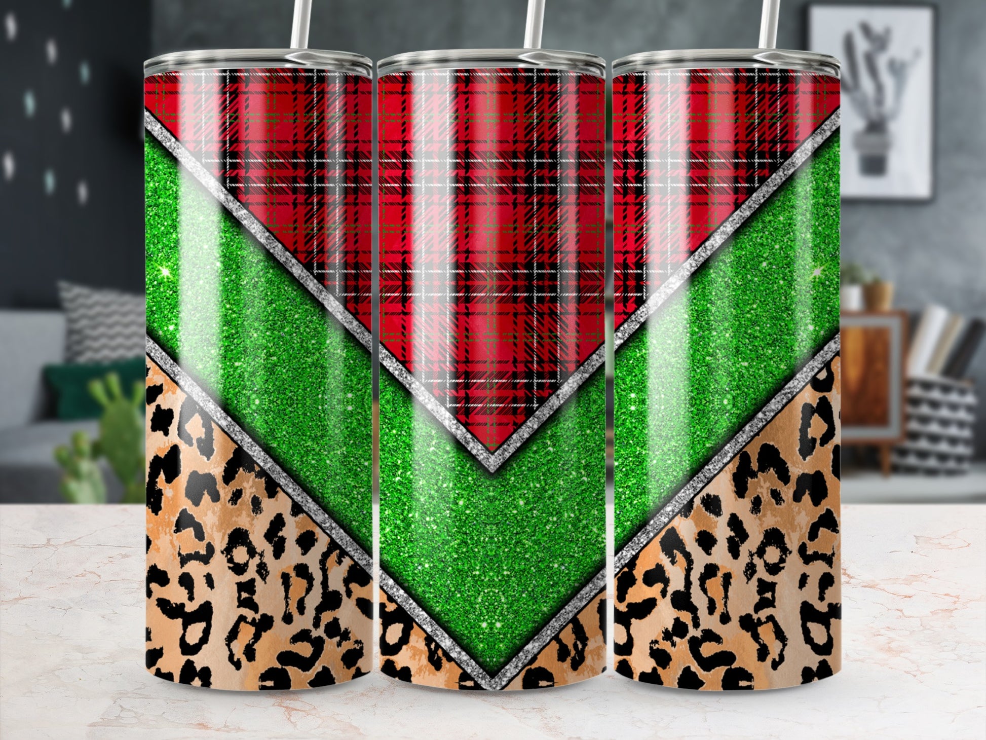 T tumblers with plaid, glitter, and leopard print designs.