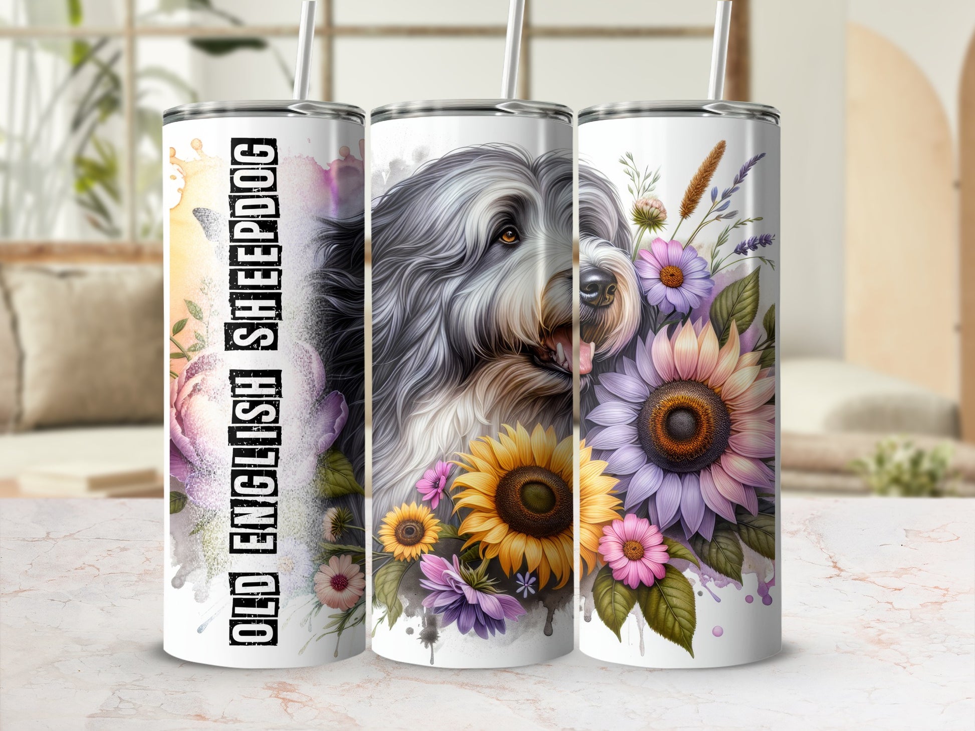 Old English Sheepdog with flowers on a white tumbler.