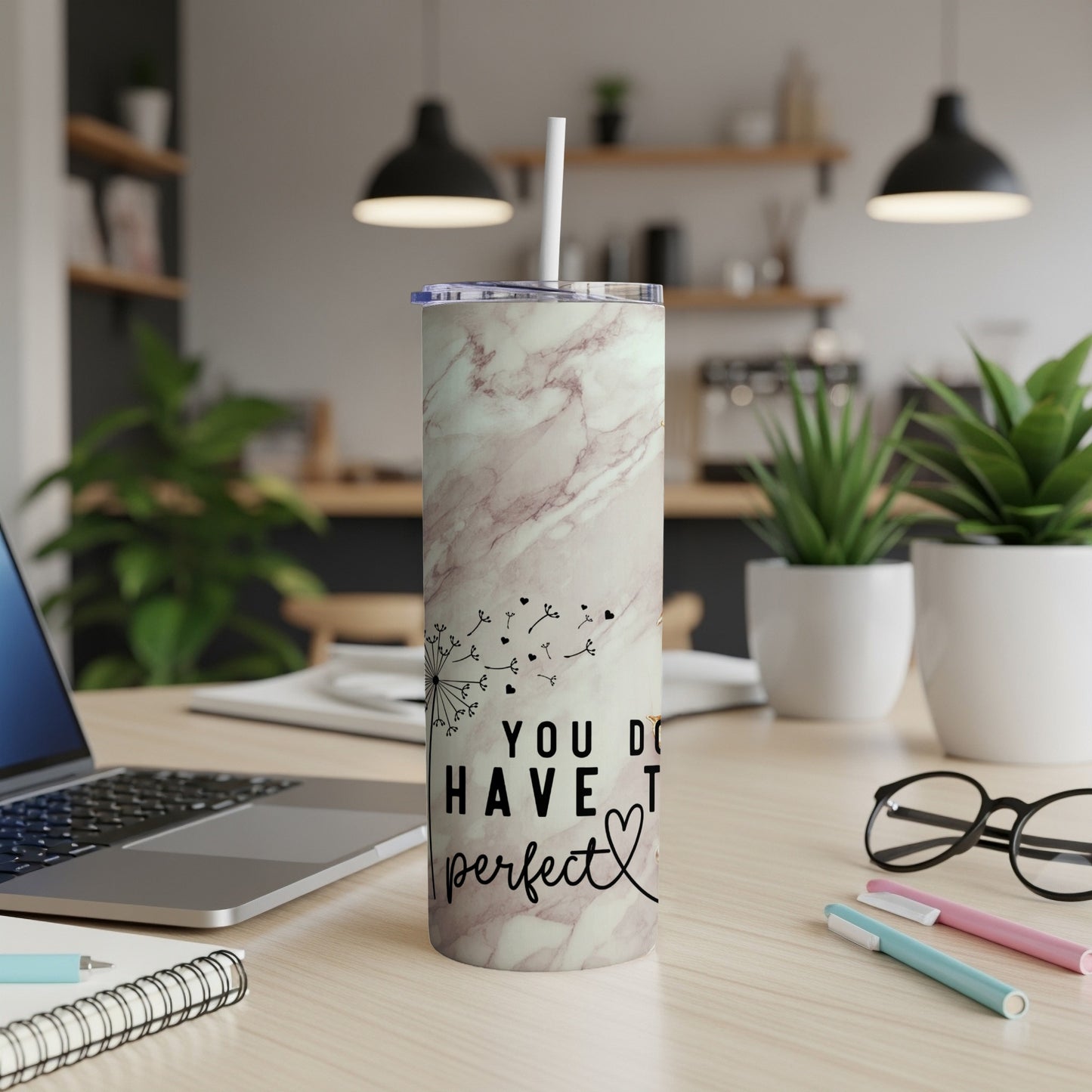 Marble patterned tumbler with dandelion and inspirational text "you don't have to be perfect".