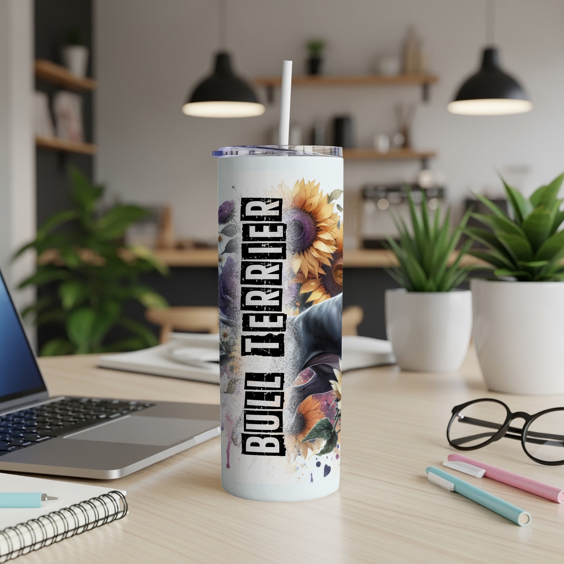 Bull Terrier tumbler with sunflowers and floral accents.