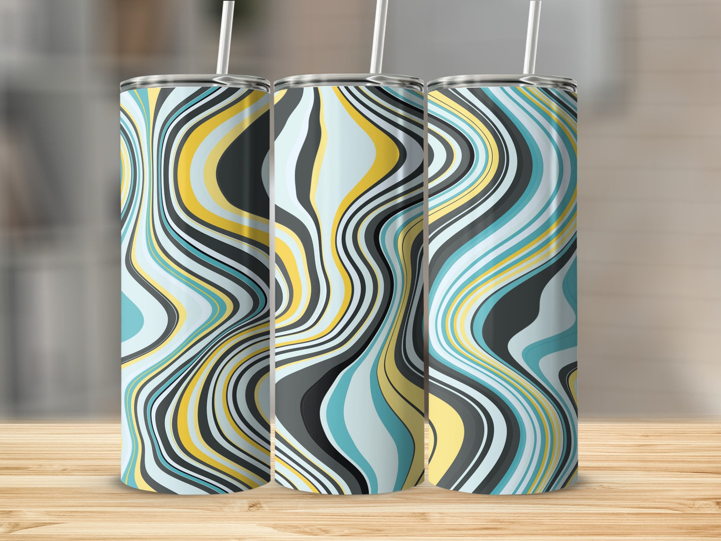 Abstract Swirls Featuring Yellow Aqua and Gray Tumblers