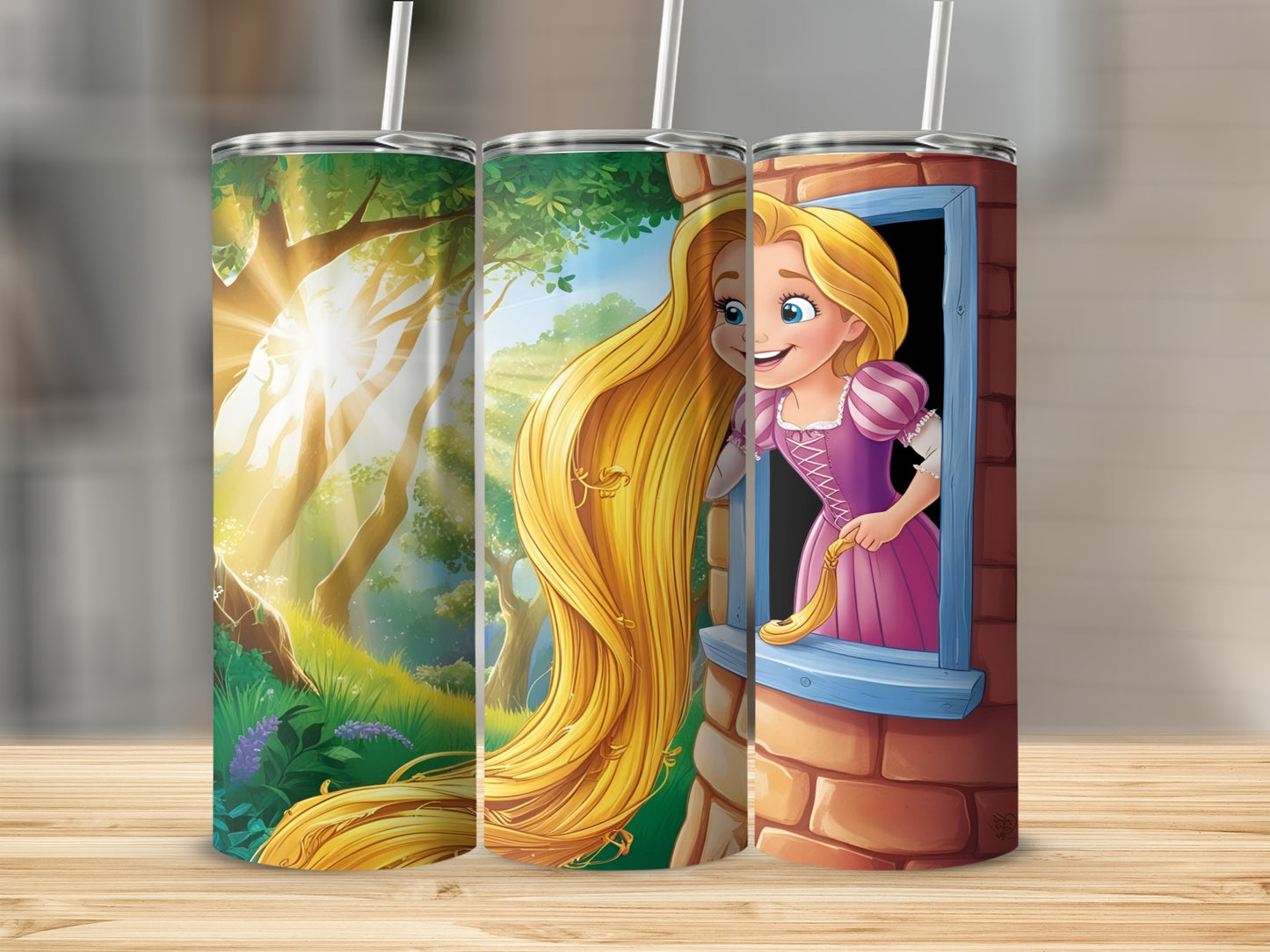 Rapunzel's long blonde hair spilling from a tower window, surrounded by sunlight and foliage.