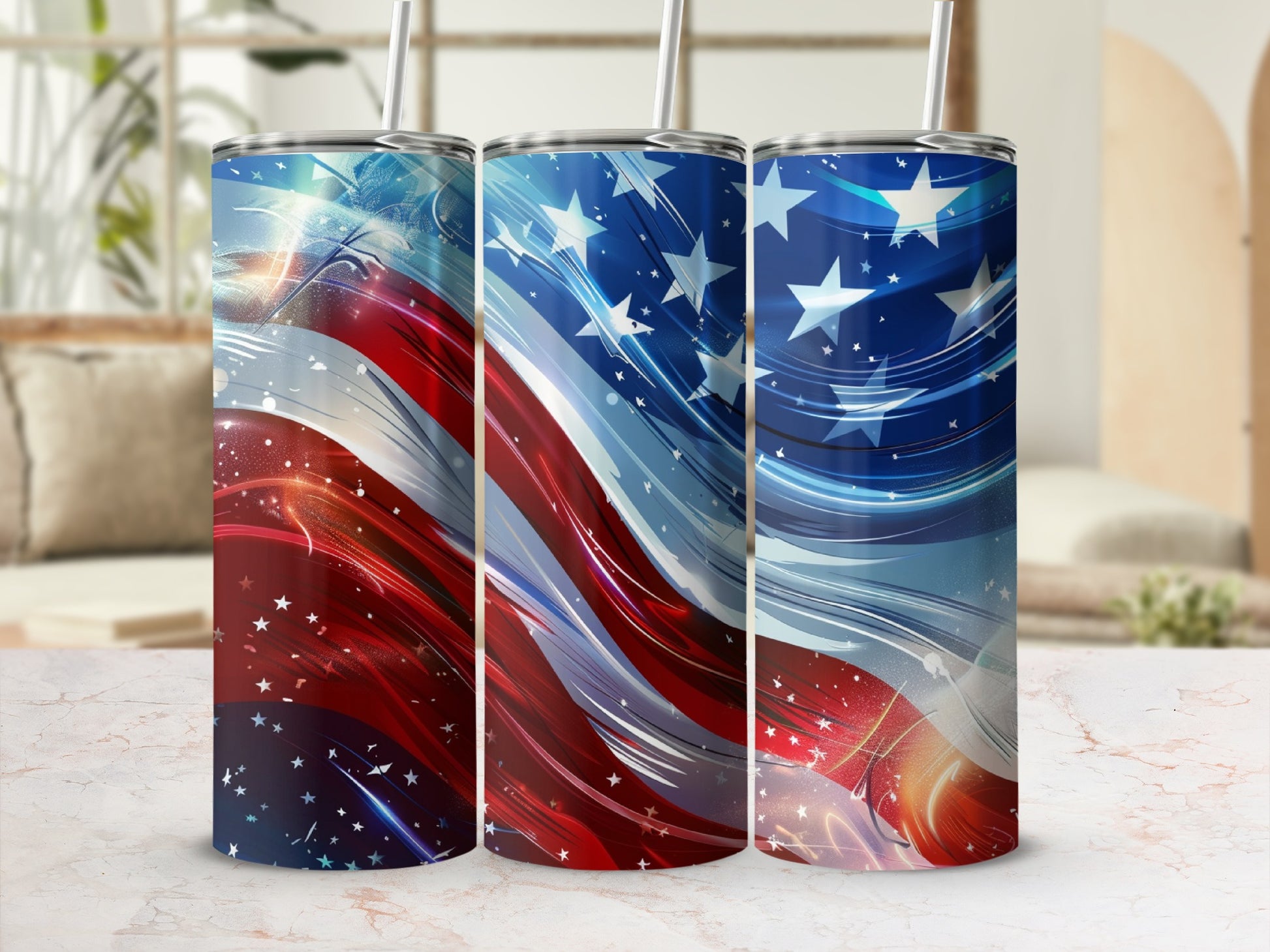 Three tumblers with American flag design and stars.