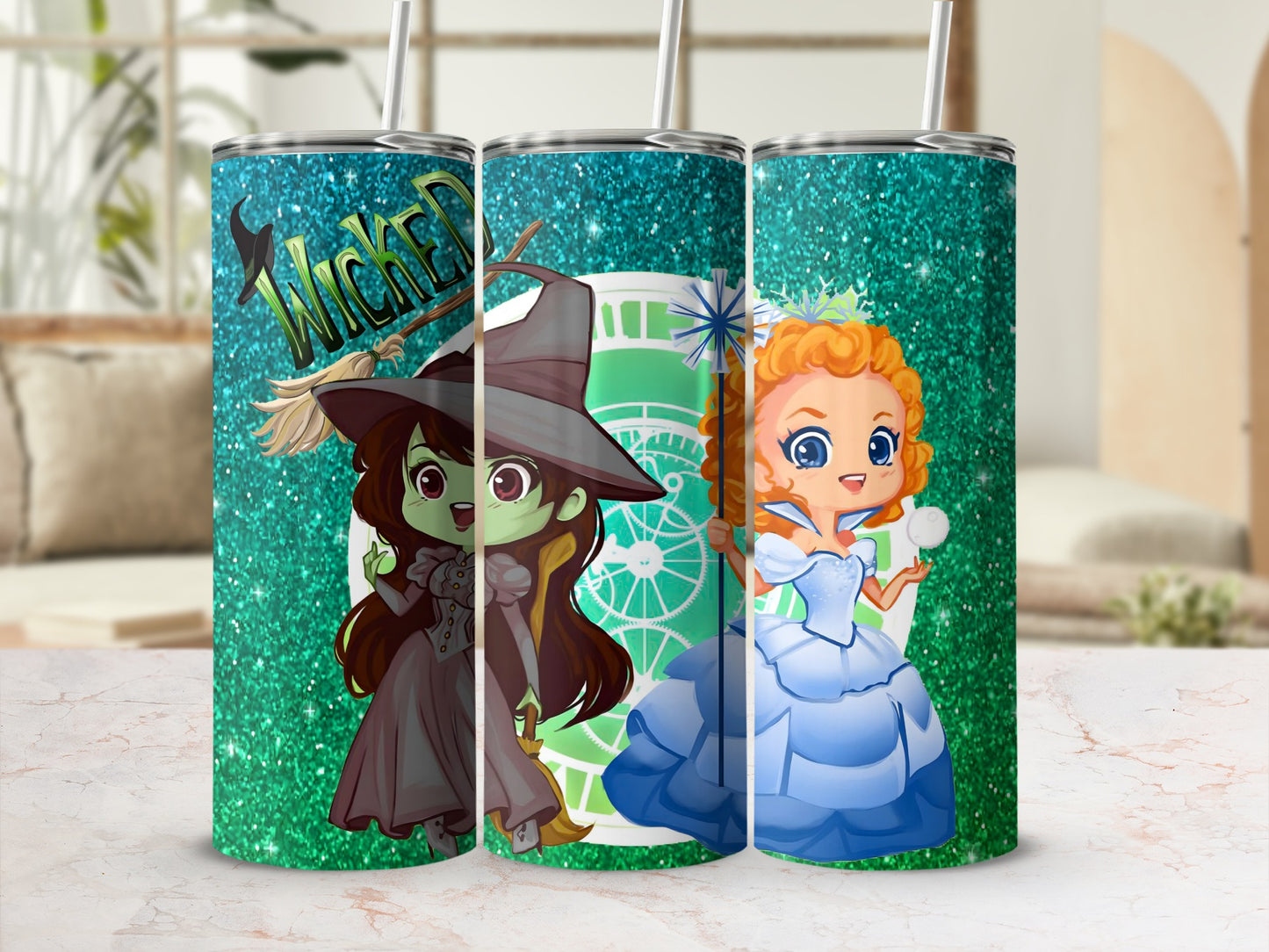 Wicked Green Glitter Tumbler with Cartoon Characters