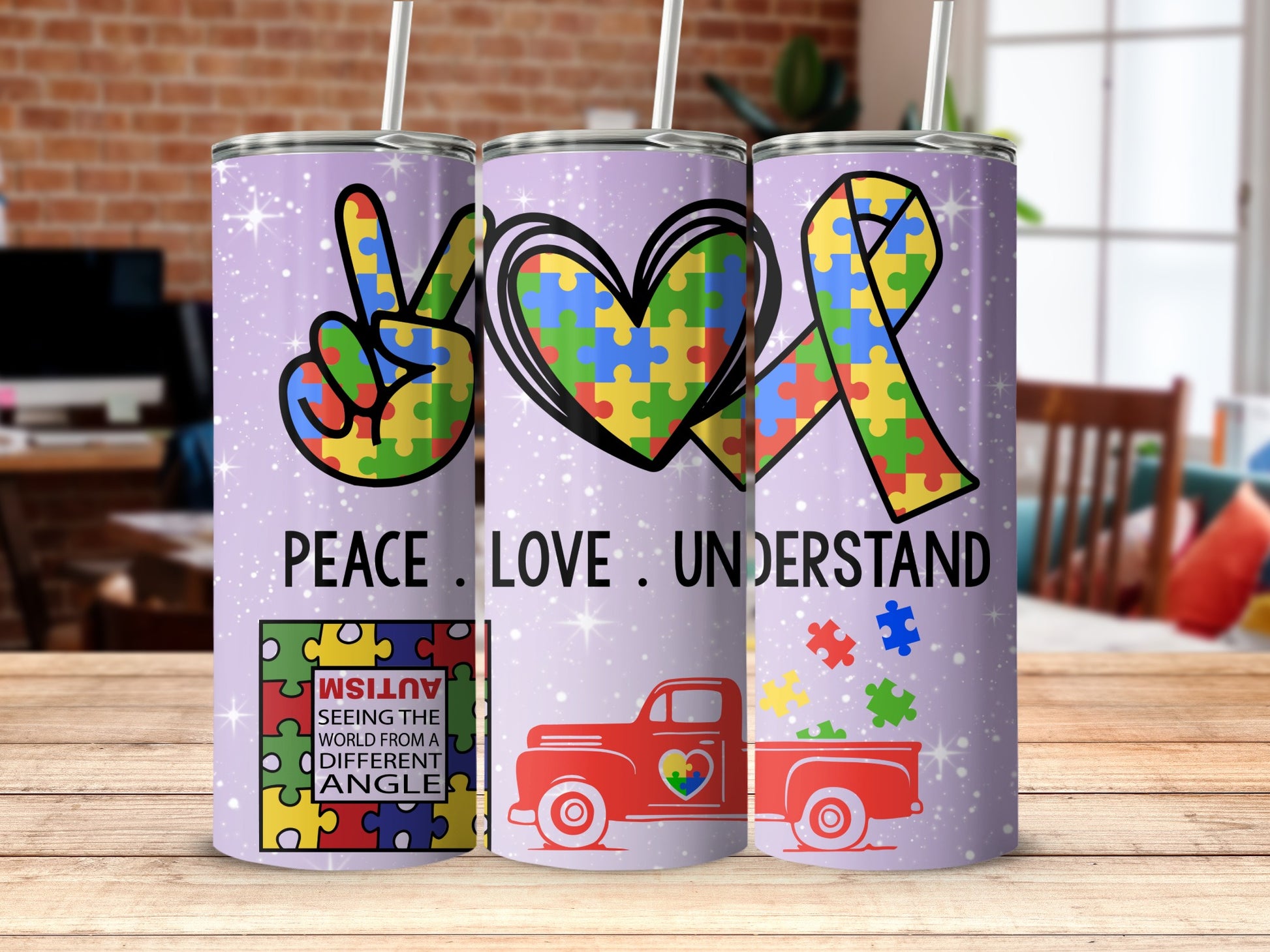 Peace Love Understand Autism Awareness Tumbler