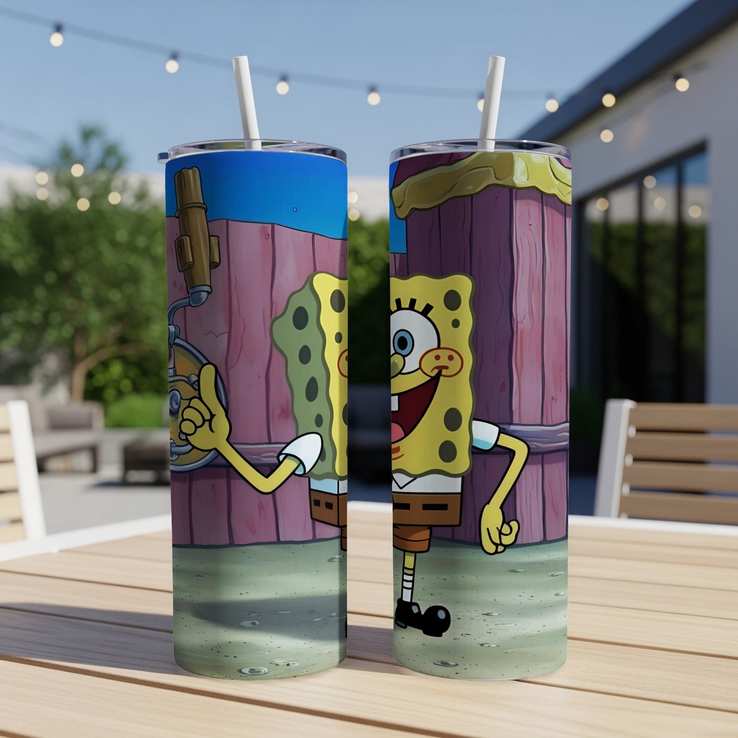 SpongeBob SquarePants cartoon character on two tumblers with straws.