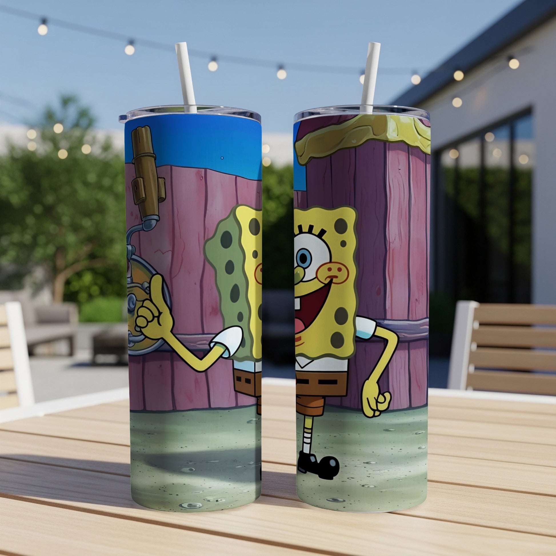 SpongeBob SquarePants cartoon character on two tumblers with straws.