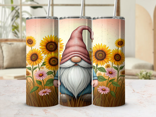 Gnome with sunflowers and pink flowers on a textured tumbler wrap.