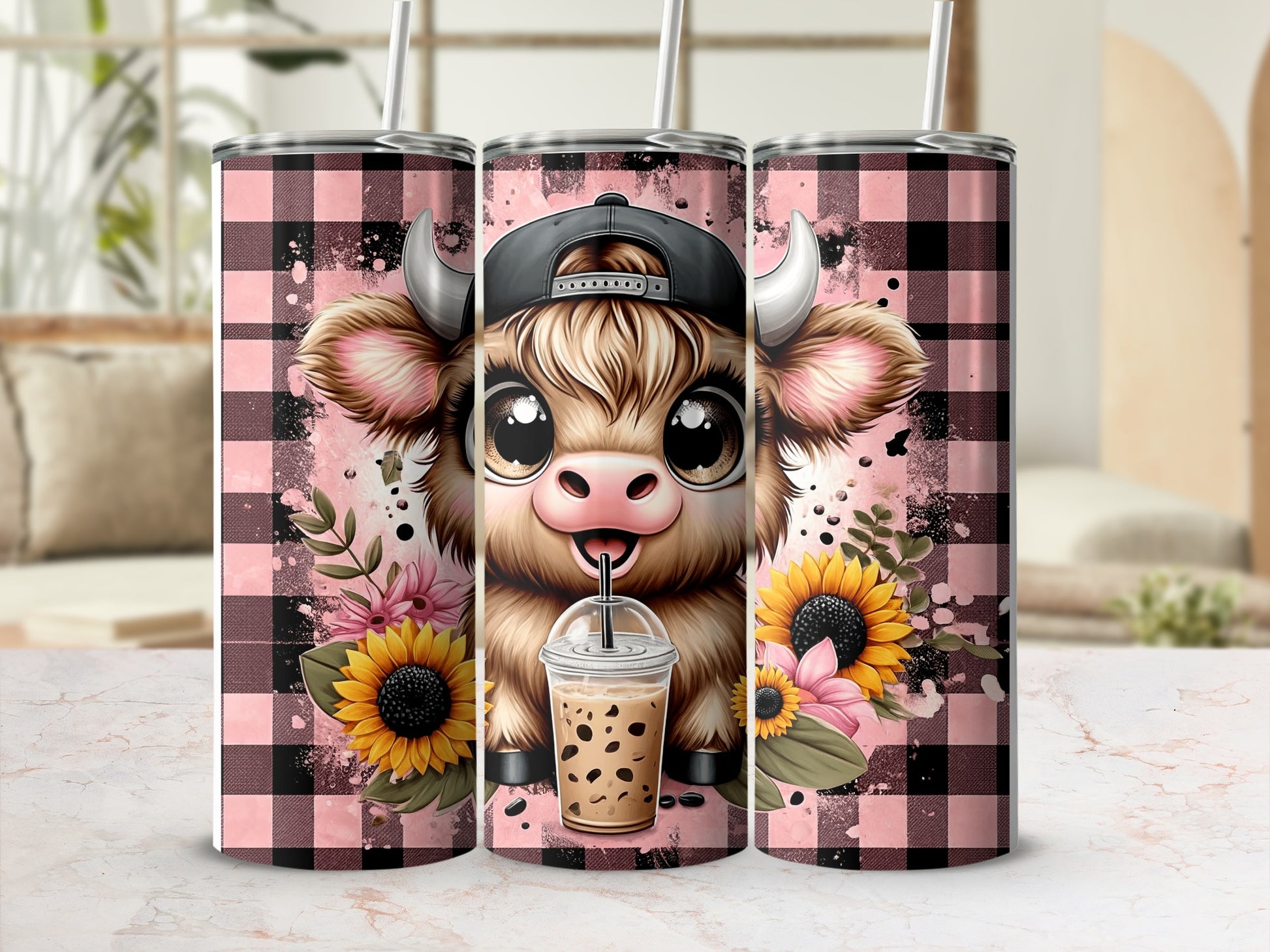 Cow with bubble tea and sunflowers on pink buffalo plaid background.