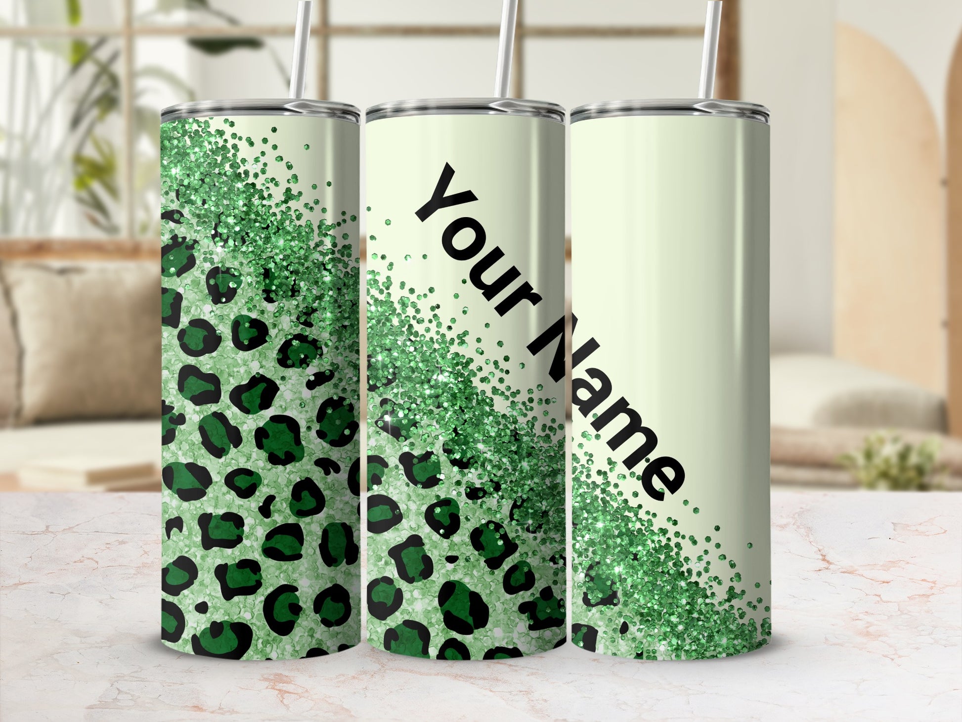 Custom Green Glitter Leopard Print Personalized Tumbler
