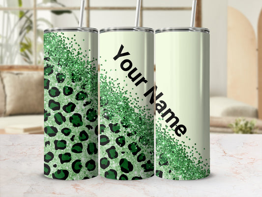 Custom Green Glitter Leopard Print Personalized Tumbler