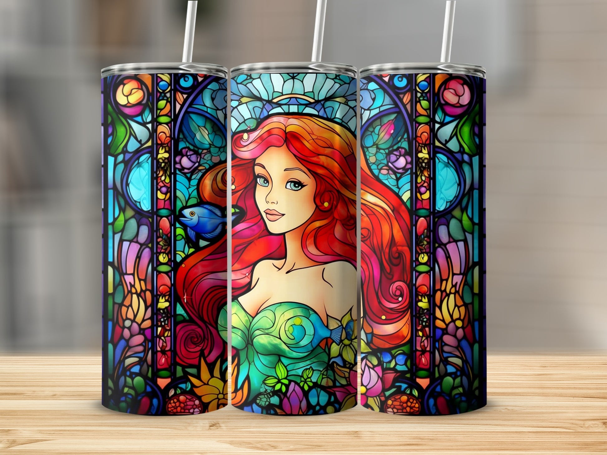 Colorful Mermaid Stained Glass Art Tumbler Cup Design