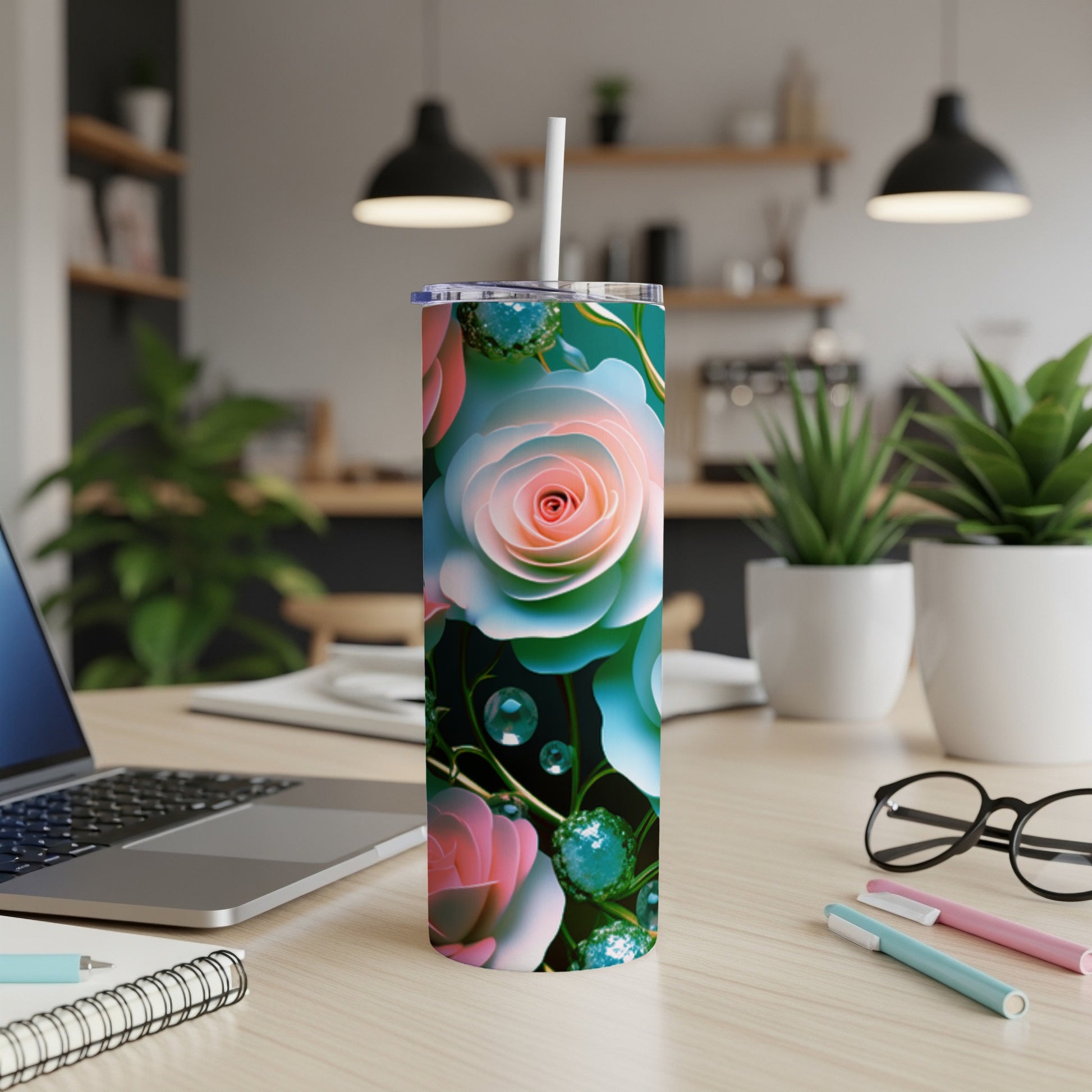 Tall tumbler with pink and blue roses, green accents, and bubbles.