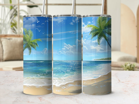 Three tumblers with beach scene design, palm trees, and ocean waves.