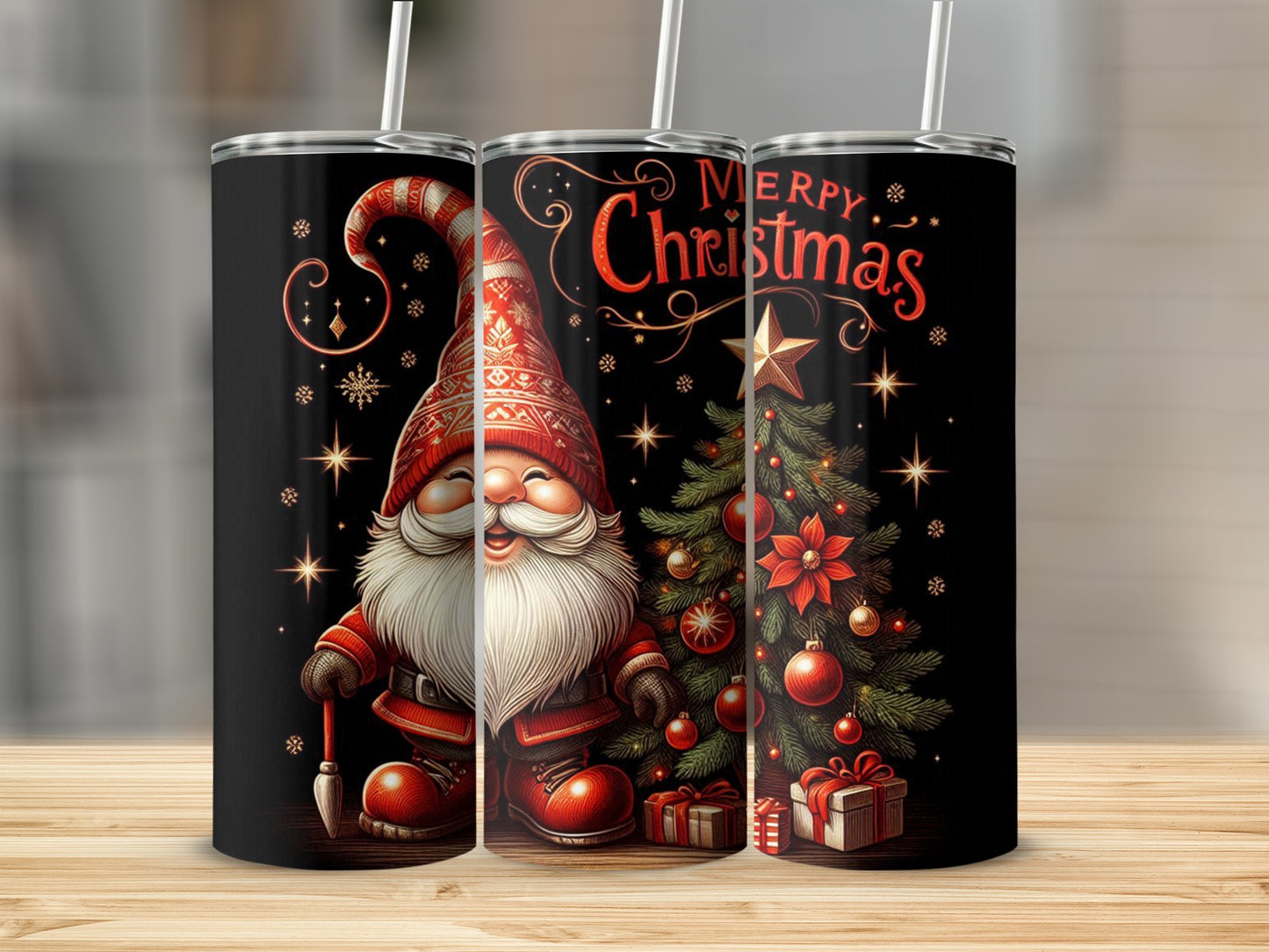 Christmas gnome with tree, gifts, and "Merry Christmas" text on tumbler.