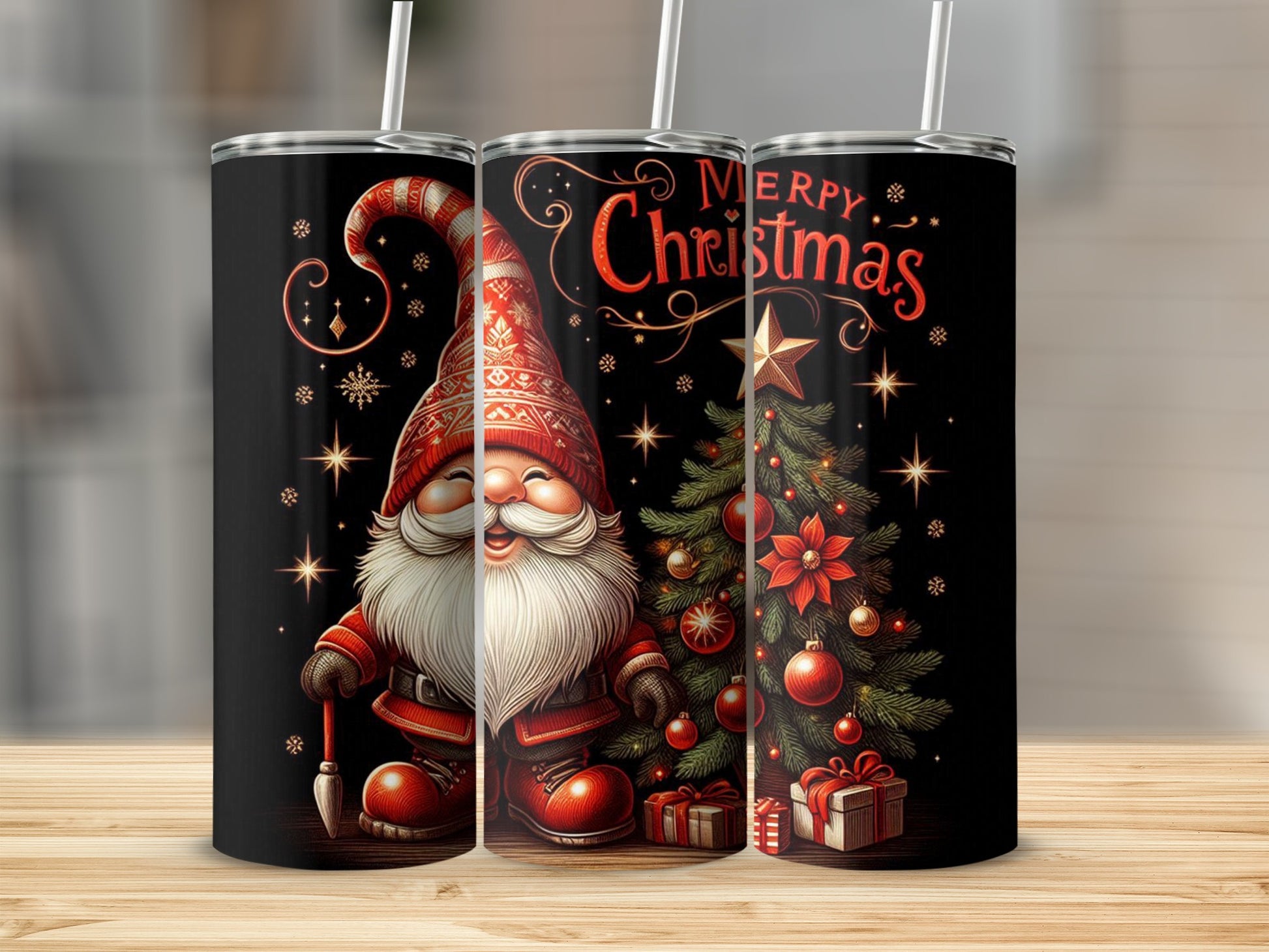 Christmas gnome with tree, gifts, and "Merry Christmas" text on tumbler.