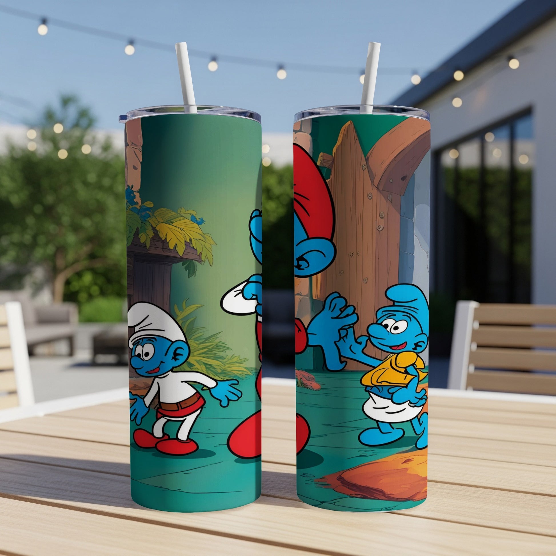 Smurf characters Papa Smurf and Smurfette on a green and brown tumbler.