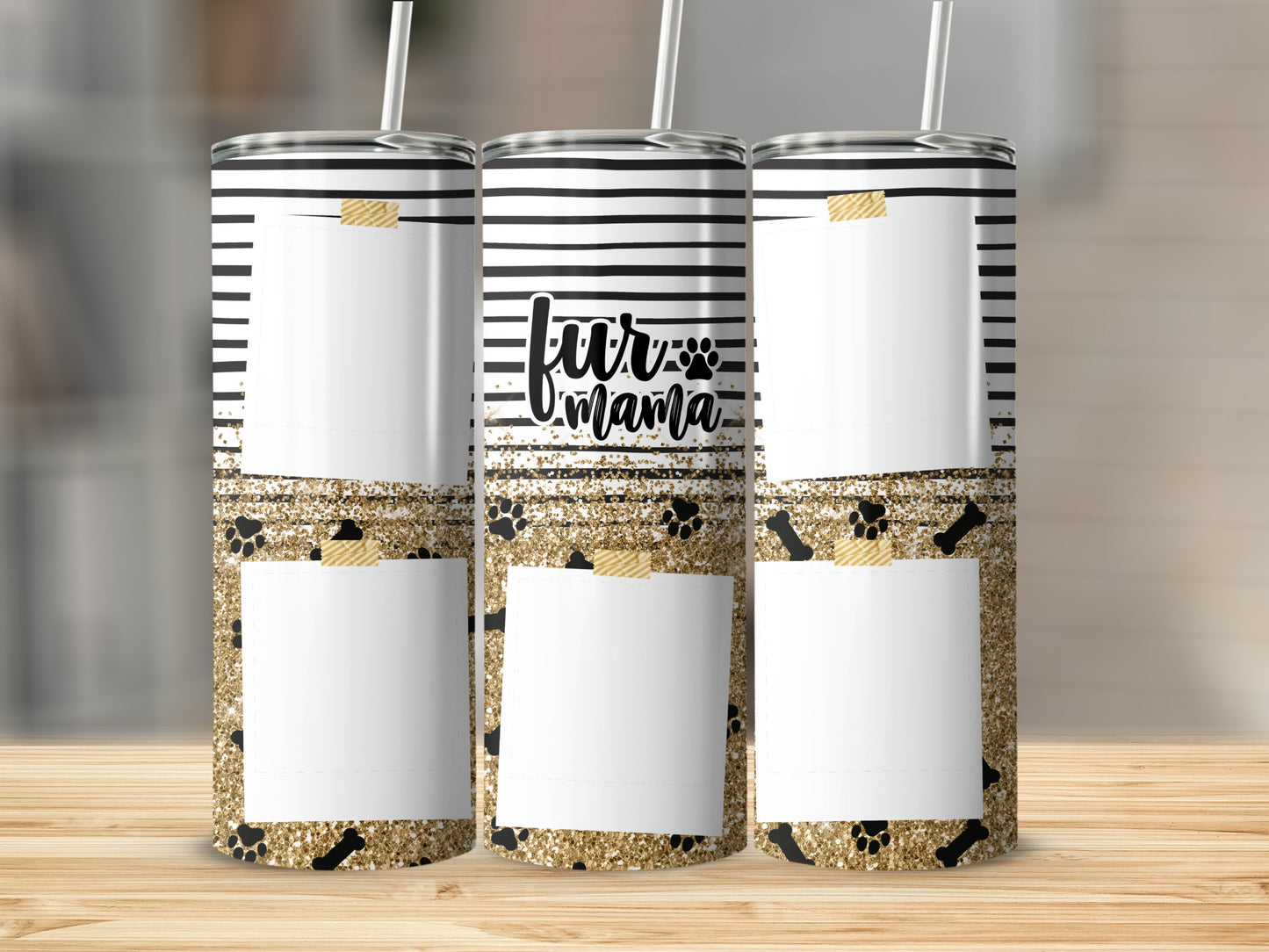 "Fur Mama" tumbler with black and white stripes and gold glitter accents.