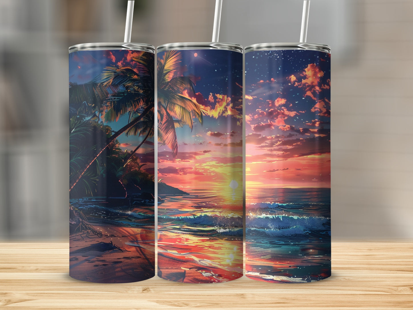 Three tumblers with a sunset beach scene and palm trees.