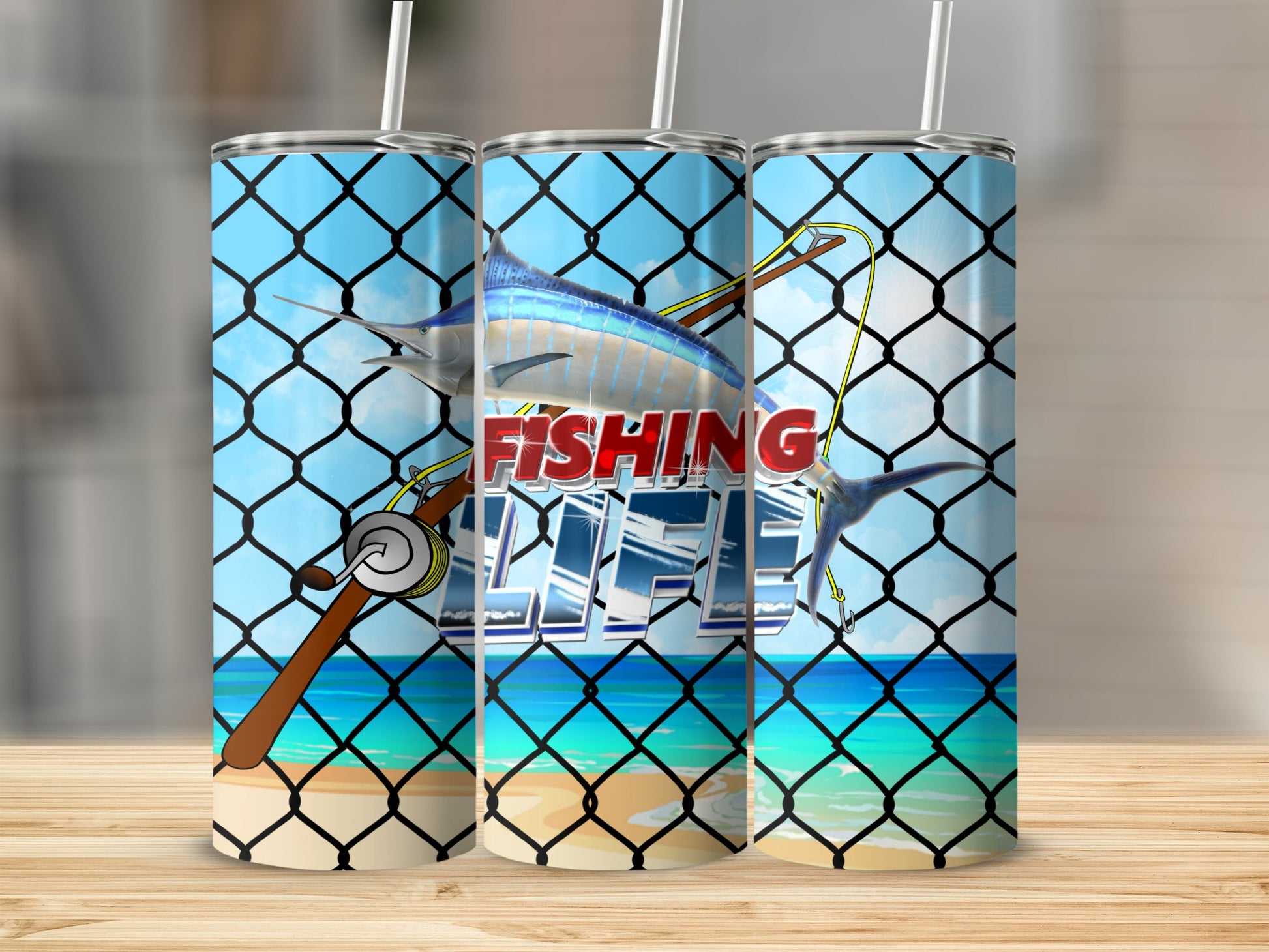 Fishing Life tumbler with marlin, fishing pole, beach, and sky.