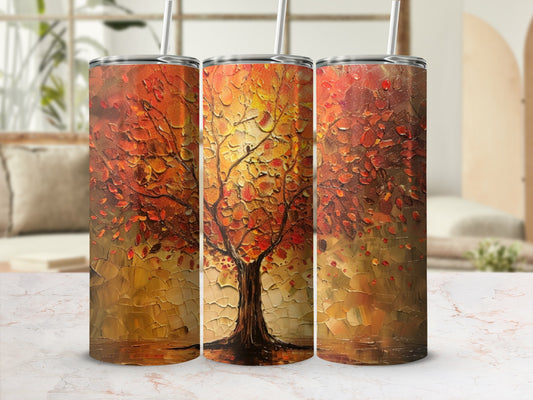 Three tumblers with a warm, textured autumn tree design.