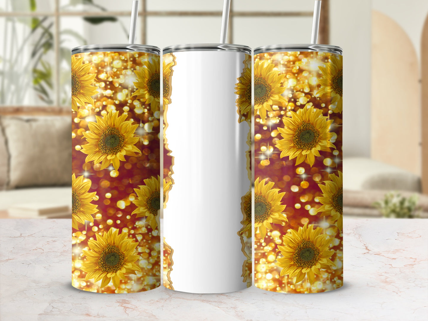 White tumbler with sunflowers and glitter bokeh background.